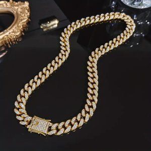 Chain Miami Cuban Necklace rhinestone gold tone 20" long 15mm wtdth
